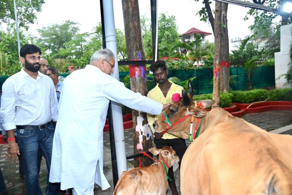 गोबर ख़रीदी पर महिला समूह और किसानों ने मुख्यमंत्री को “गाय-बछड़ा” आशीर्वाद स्वरूप भेंट किया